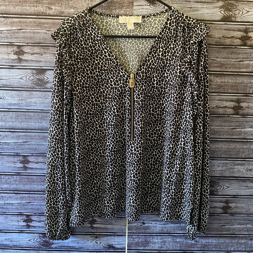 Michael Michael Kors Women's Long-Sleeved Blouse Sz L Animal Print V-Neck Zipper